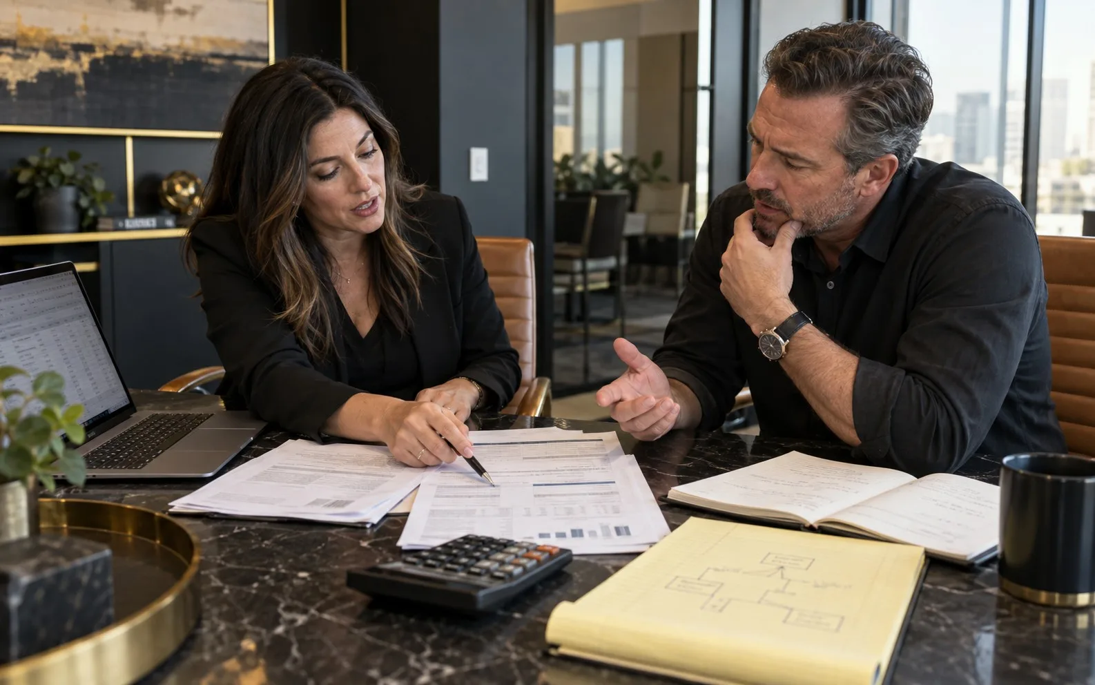 Business funding advisor reviewing company revenue, obligations and capital needs with an owner