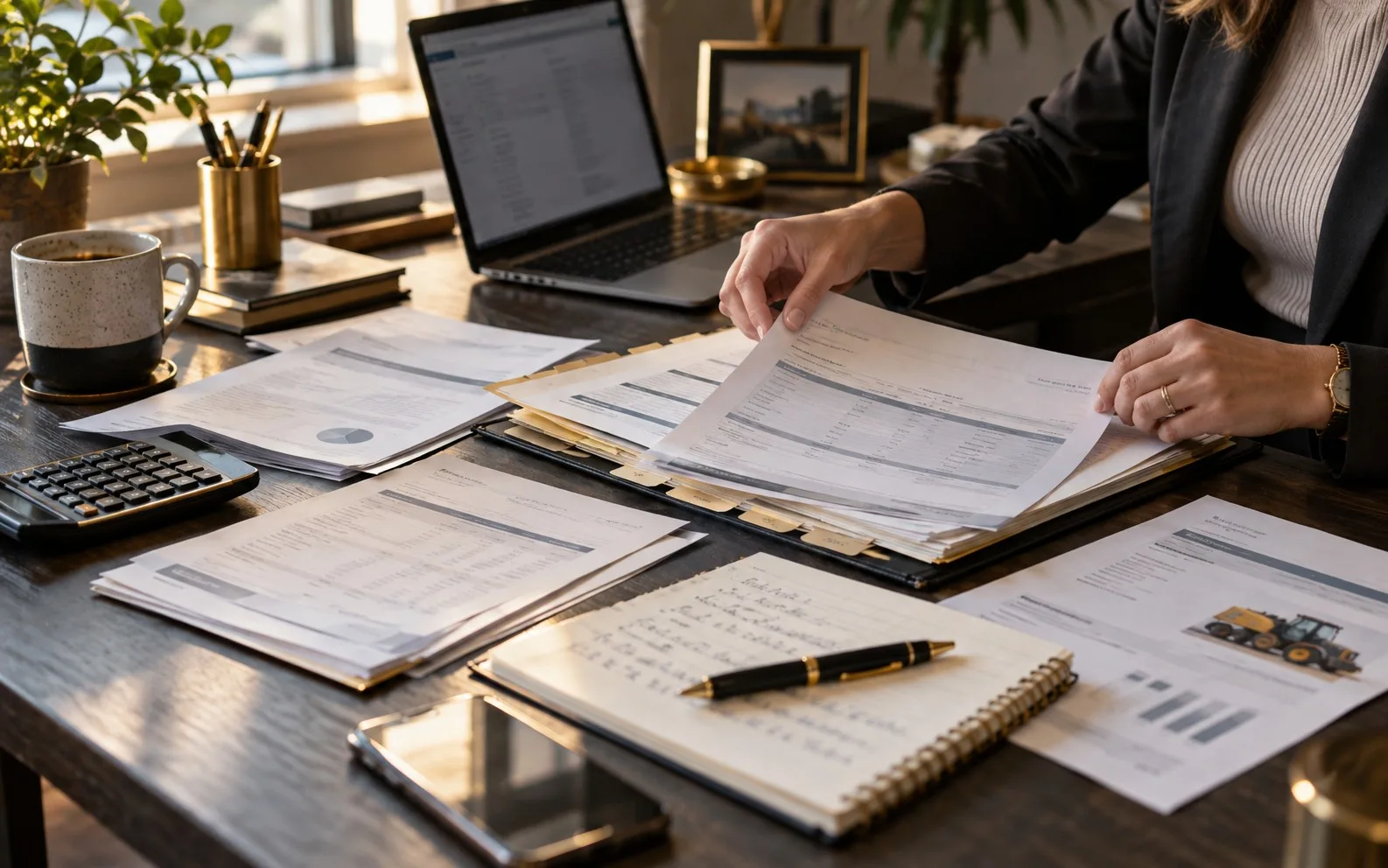Business funding file with bank statements, financial records, debt schedule and use-of-funds notes prepared for review