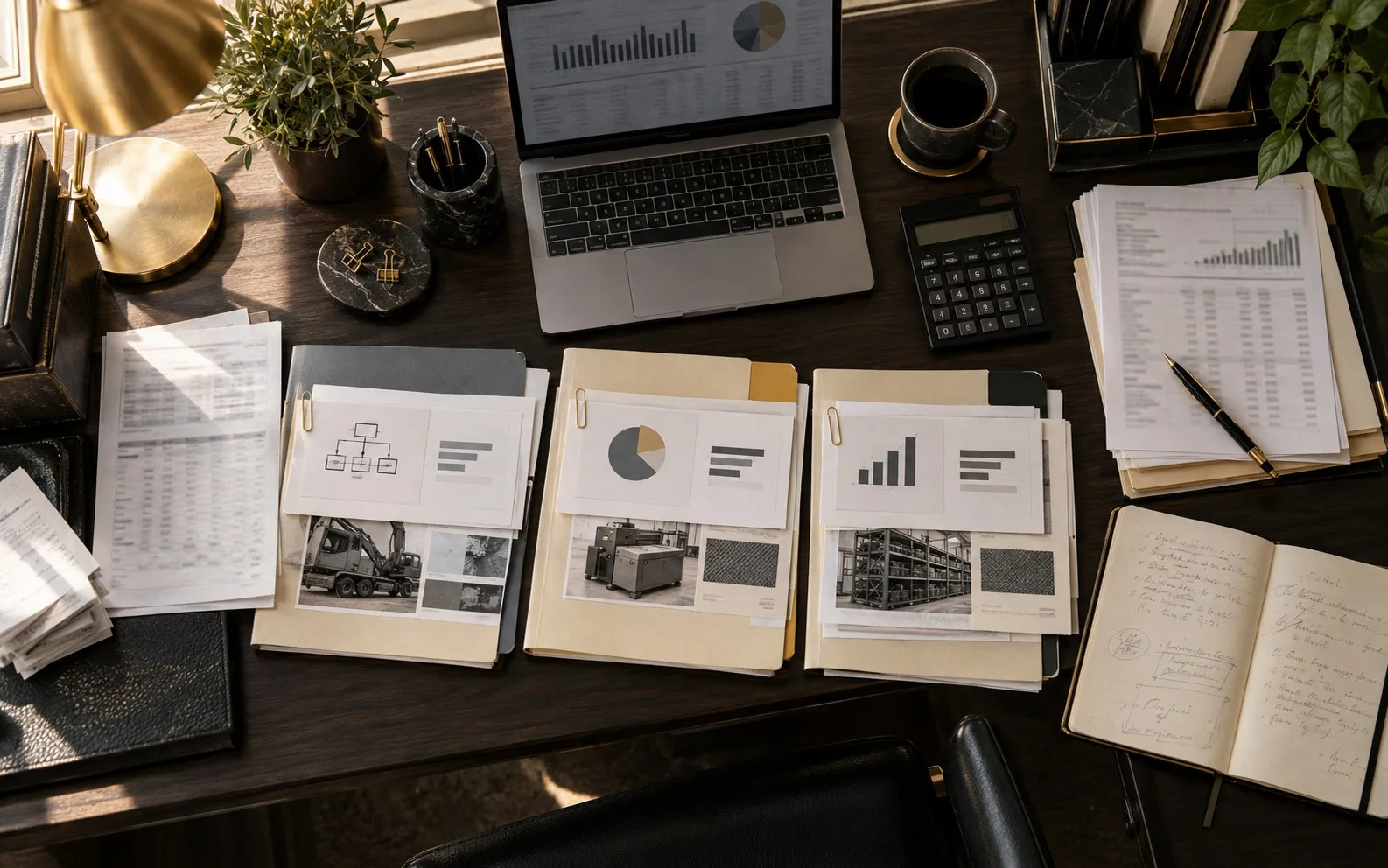 Overhead desk view comparing business line of credit, term loan, equipment financing and working capital options
