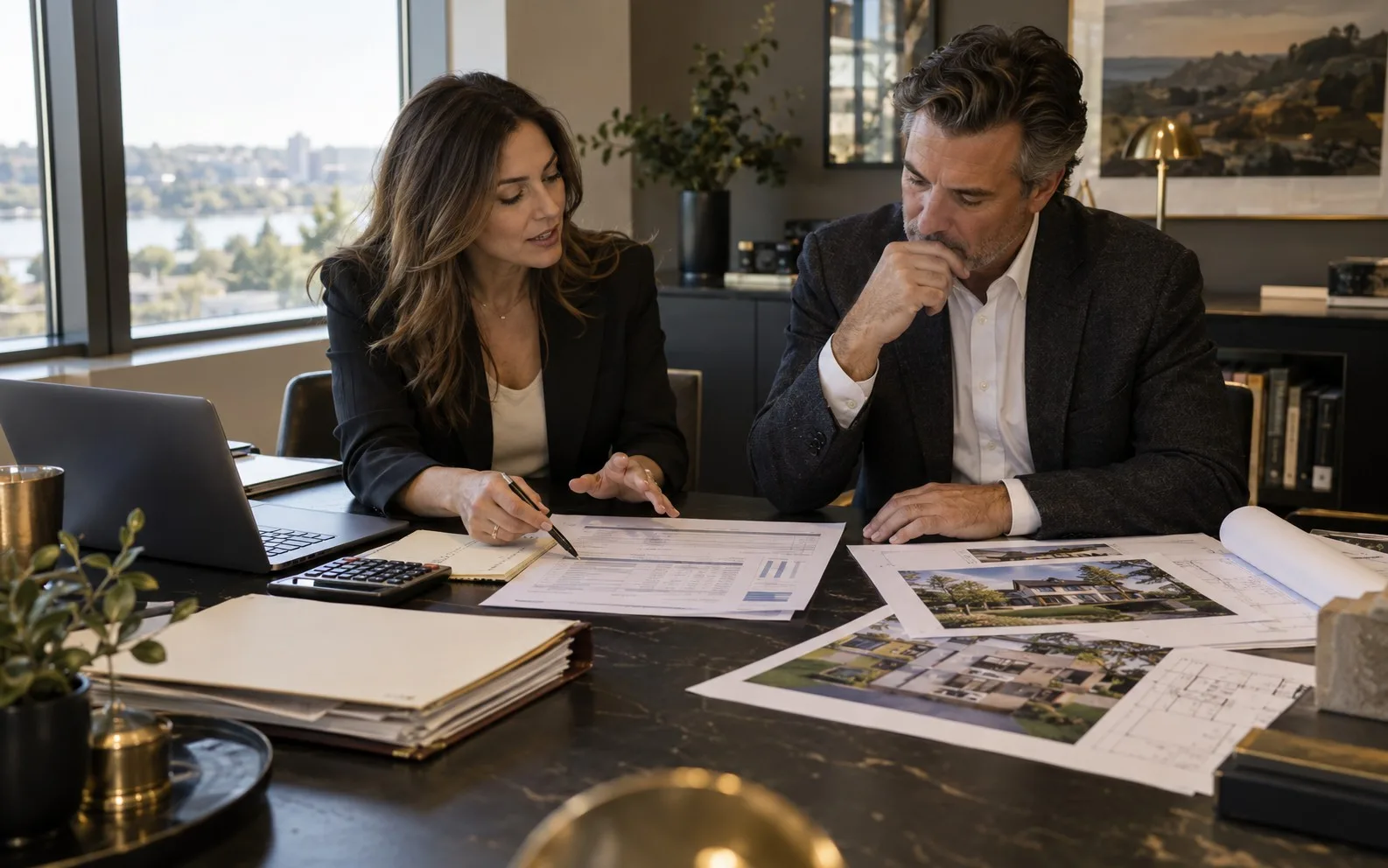 Business owner comparing business funding and real estate investor financing strategies with an advisor